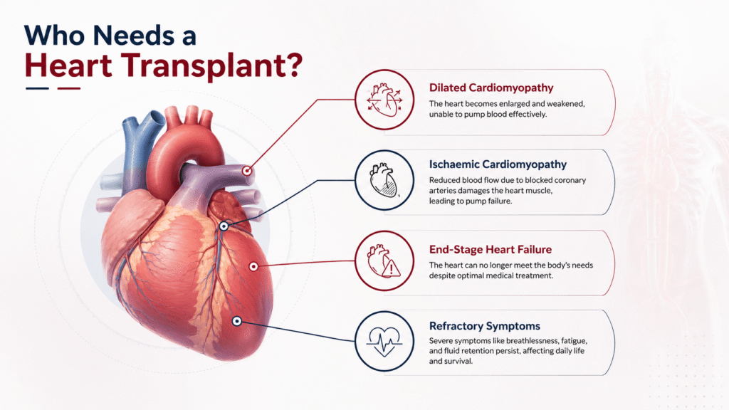 Advanced and End-Stage Heart Failure — when the heart can no longer meet the body's circulatory needs Dilated Cardiomyopathy — an enlarged, weakened heart muscle Ischaemic Cardiomyopathy — heart muscle damage from prior heart attacks or coronary artery disease Structural Heart Disease — severe, irreversible damage not correctable by other surgery Patients who have already received ECMO support or a VAD implant as a bridge to transplant