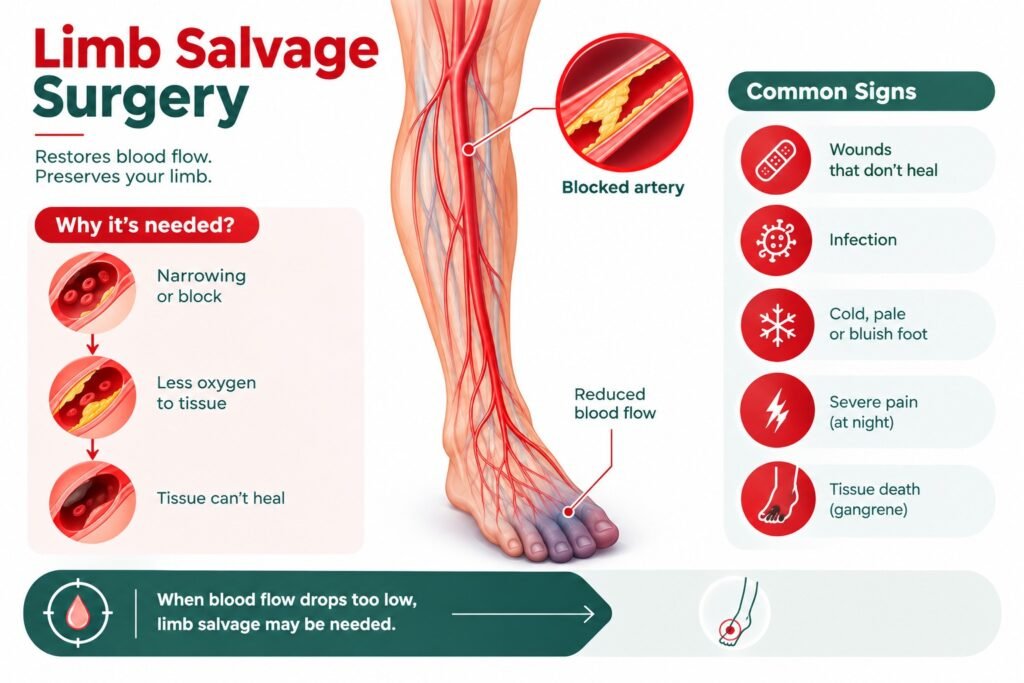 Limb salvage surgery infographic showing blocked leg arteries, reduced blood flow, and warning signs of chronic limb-threatening ischaemia (CLTI)