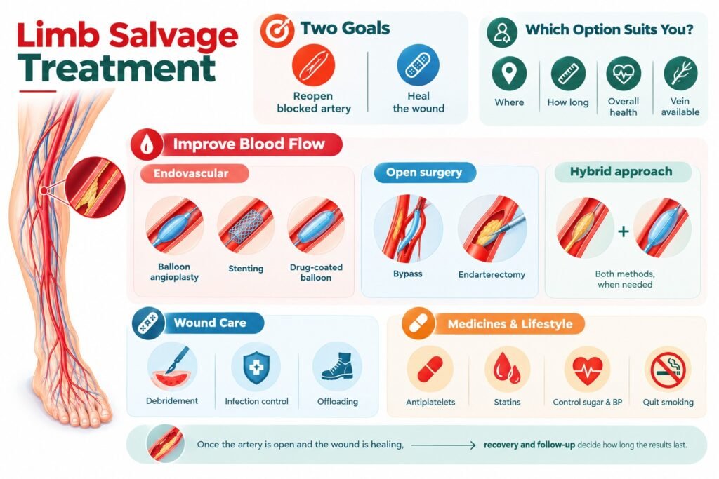 Limb salvage treatment infographic showing endovascular treatment, open surgery, hybrid procedures, wound care, medicines, and lifestyle measures to restore blood flow and heal foot wounds.